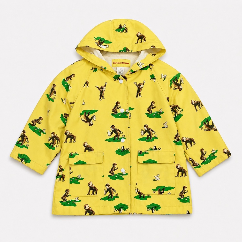 Vintage Style Curious George Rain Coat 3T Yellow Hooded Terry Lined Jacket Kids
